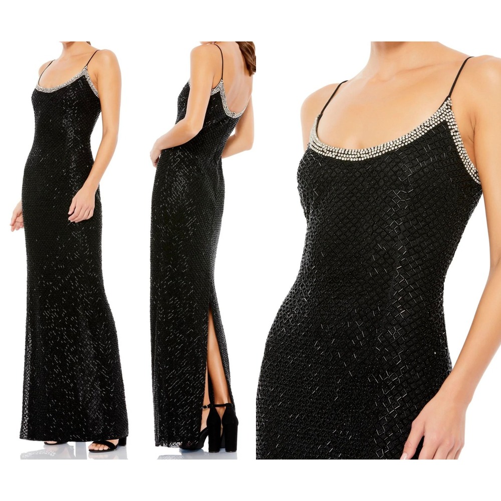Mac Duggal Black Beaded Gown with Silver Crystal Neckline